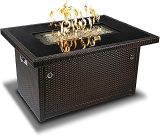 Outland Living Fire Pit Outdoor Table, Propane Smokeless Fire Table / 50,000 BTU, Black Tempered Tabletop with Arctic Ice Glass Rocks and Resin Wicker Panels Series 403- Espresso Brown / Rectangle