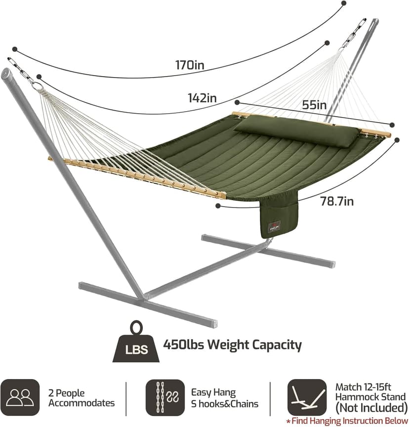 Double Quilted Fabric Hammock with Hardwood Spreader Bars and Pillow 450 LBS Capacity 2 Person Hammock Large Hammock for Outdoor Patio Backyard Poolside - Green