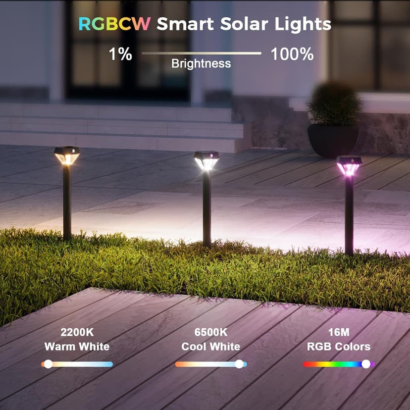 XMCOSY+ Smart Solar Lights Outdoor with Motion Sensor, 150LM APP Control RGBCW Color Changing Solar Garden Lights for Yard Pathway Landscape, Compatible with Alexa, Waterproof, 6 Pack