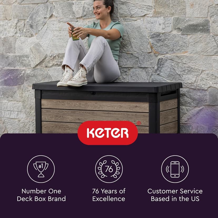 Keter Signature Collection 100 Gallon Resin Deck Box Organization and Storage Box for Patio Outdoor Cushions, Throw Pillows, Garden Tools and Pool Supplies, Ashwood