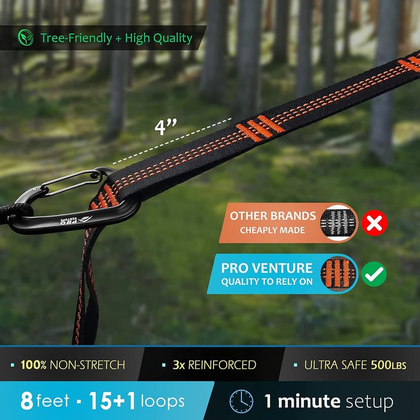 Hammock Straps and 2 Carabiners, 30+2 Loops, 1200lbs Breaking Strength (500lbs Rated) | 100% Non-Stretch, Lightweight, Portable Camping - Quick, Easy Setup | Heavy Duty + Tree Friendly
