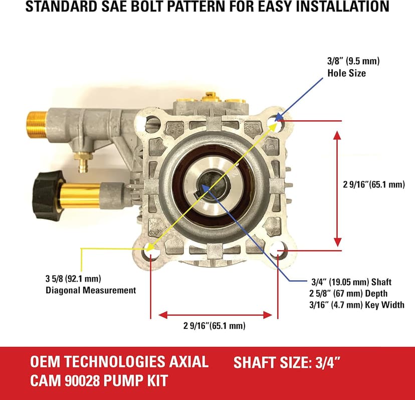 OEM Technologies 90028 Horizontal Axial Cam Replacement Pressure Washer Pump Kit, 3300 PSI, 2.4 GPM, 3/4" Shaft, Includes Hardware and Siphon Tube, for Residential and Industrial Gas Powered Machines, Silver