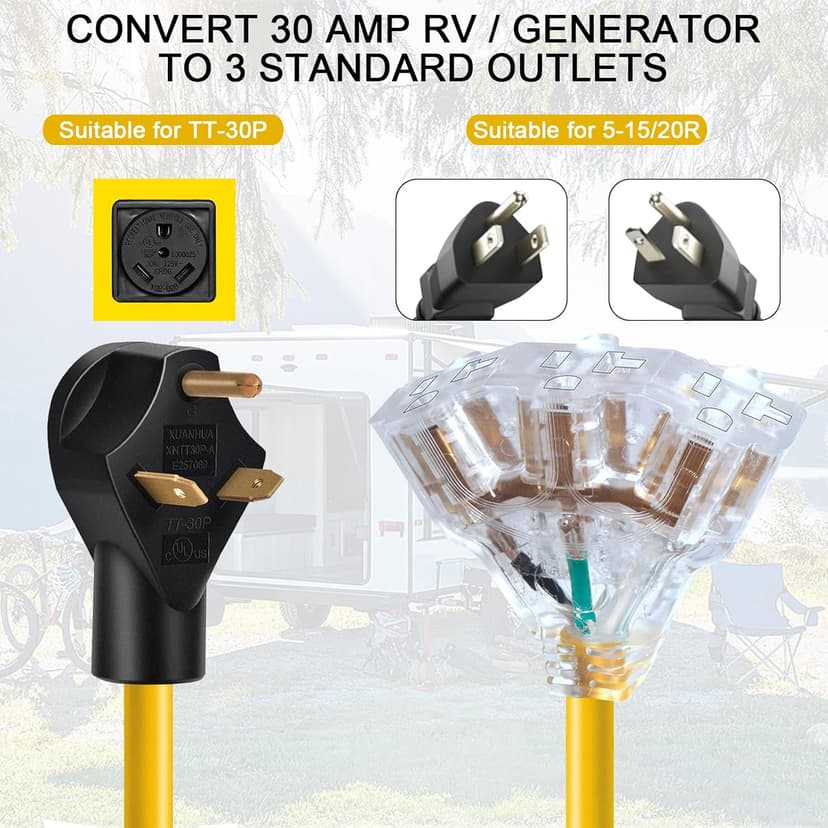 30 Amp to 110V 20 Amp RV Distribution Adapter,NEMA TT-30P Male to 3X 5-20R/15R Female,30 Amp to 15 Amp RV Adapter Extension Cord,3-prong to LIT 3-Way Outlet Splitter for RV Generators with Lighted End