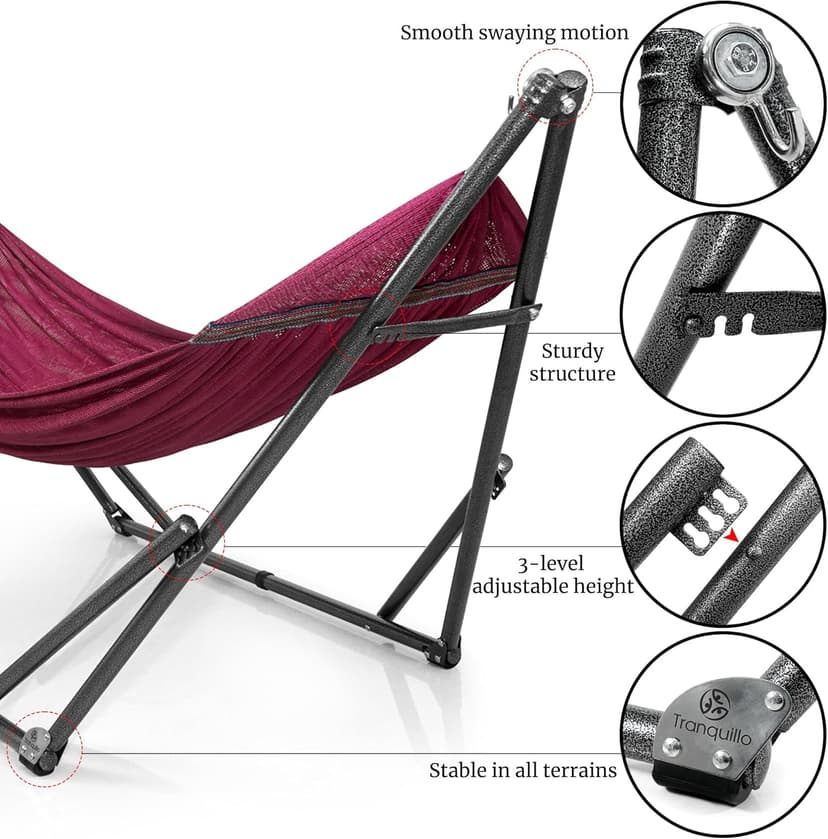 Tranquillo Double Hammock with Stand Included for 2 Persons/Foldable Hammock Stand 600 lbs Capacity Portable Case - Inhouse, Outdoor, Camping, Red