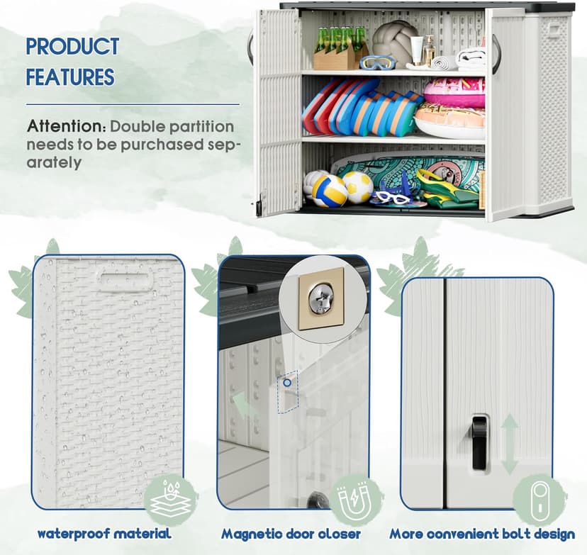 Greesum Outdoor Storage Deck Box Cabinet 150 Gallon, Horizontal Resin Storaged Shed, Pad-Lockable, Waterproof and UV Protection for Garden, Garage, Lawn, Without Shelf, White