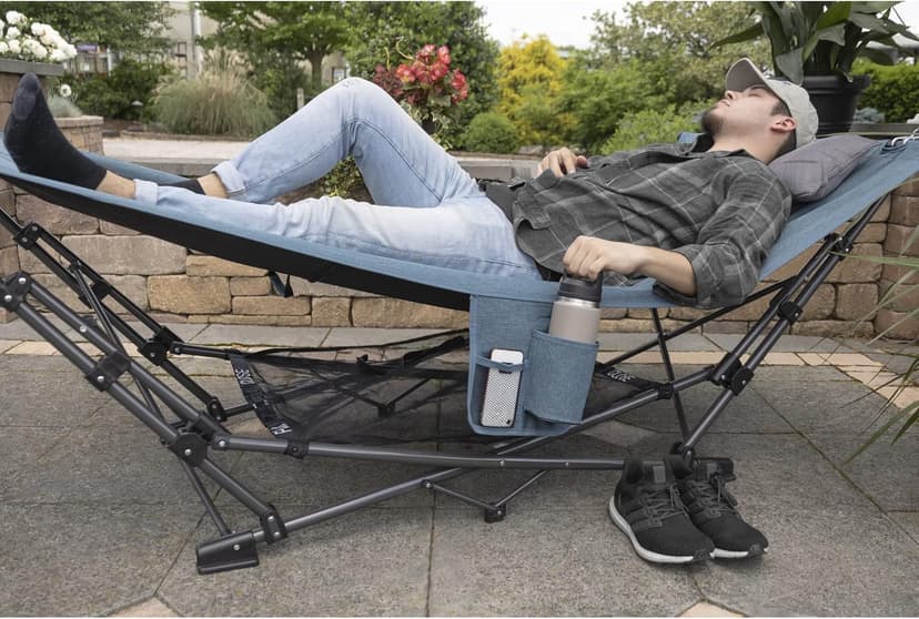Zenithen Outdoor Patio Folding Collapsible Hammock with Sturdy Frame and Pillow, Perfect for Camping, Outdoor Recreation and as Patio Furniture, Blue (Pack of 1)