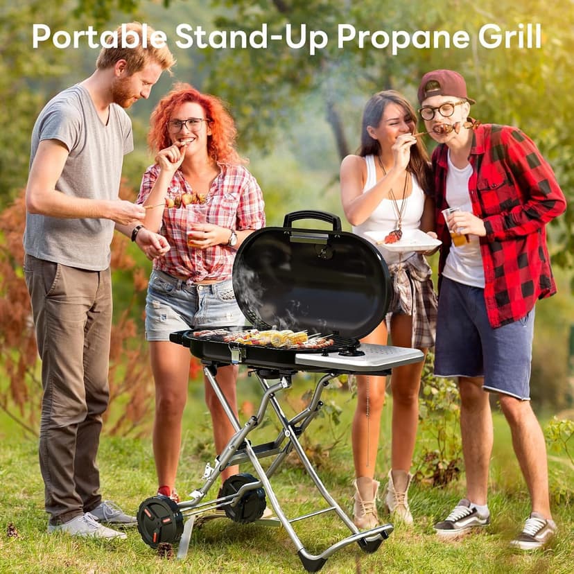 Portable Propane Gas Grill, 15,000 BTU Foldable Outdoor Grill with 348 Sq. In. Grilling Area for Camping, BBQ, Parties, Backyard, Beach Outings