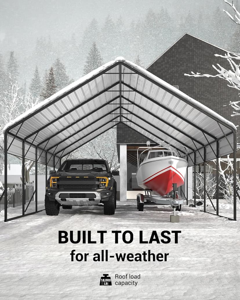 20'x25'x13' Metal Carport for 2 Cars, Extra Tall Carport, Reinforced Frame and Roof for All-Weather, Permanent Garage for Bass Boats, Full-Sized Pickup Trucks, and Tractors, N.W. 900 Lbs