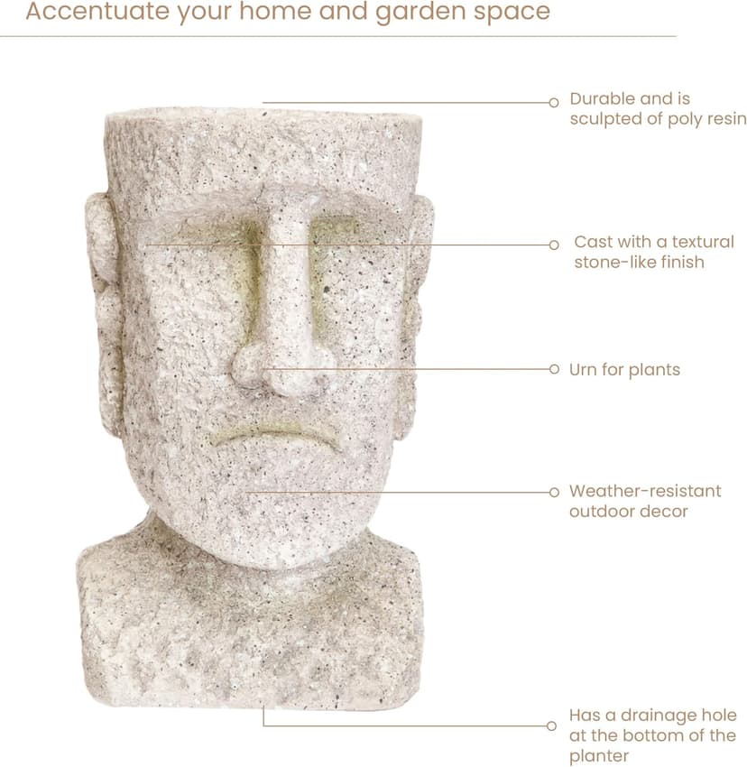 Bits and Pieces - Easter Island Head Statue Planter - Large Garden Decorations - Polyresin Sculpture - Indoor/Outdoor Moai Statue Planter - Moai Head Urn for Plants - 8.75" Tall