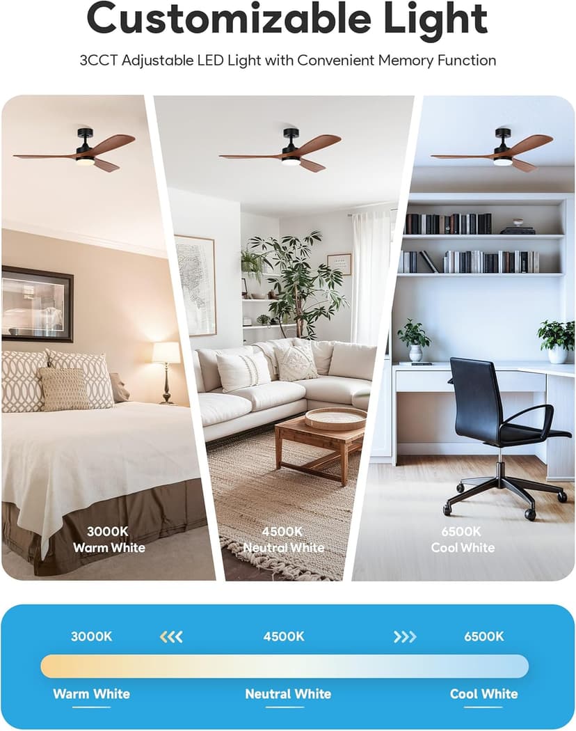 VONLUCE Ceiling Fans with Lights, 52 Inch Ceiling Fan and Remote, 6 Speed Reversible Noiseless DC Motor, 3CCT, Wood Ceiling Fan for Outdoor Indoor Farmhouse Patios, Walnut