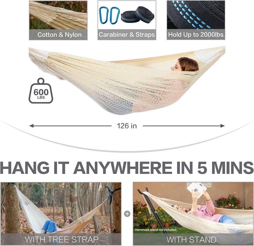 PNAEUT Mayan Hammock, Handwoven XL Thick Soft Rope Hammocks for Outdoor Indoor, Max 600 lbs Capacity, Tree Straps & Carabiners Included (Nature)