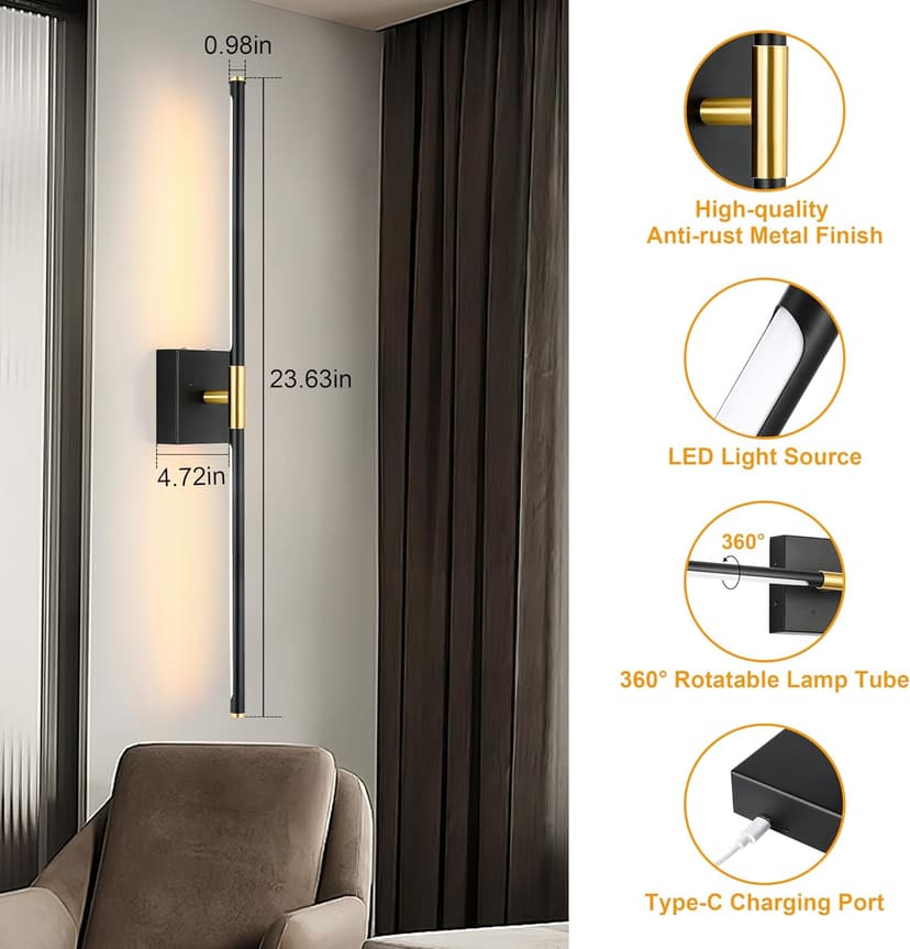Battery Operated Wall Sconces Set of 2, Dimmable Battery Wall Sconce with Remote Control, Black Gold LED Rechargeable Sconces, 24 Inch Modern Wireless Wall Lights for Bedroom, Living Room