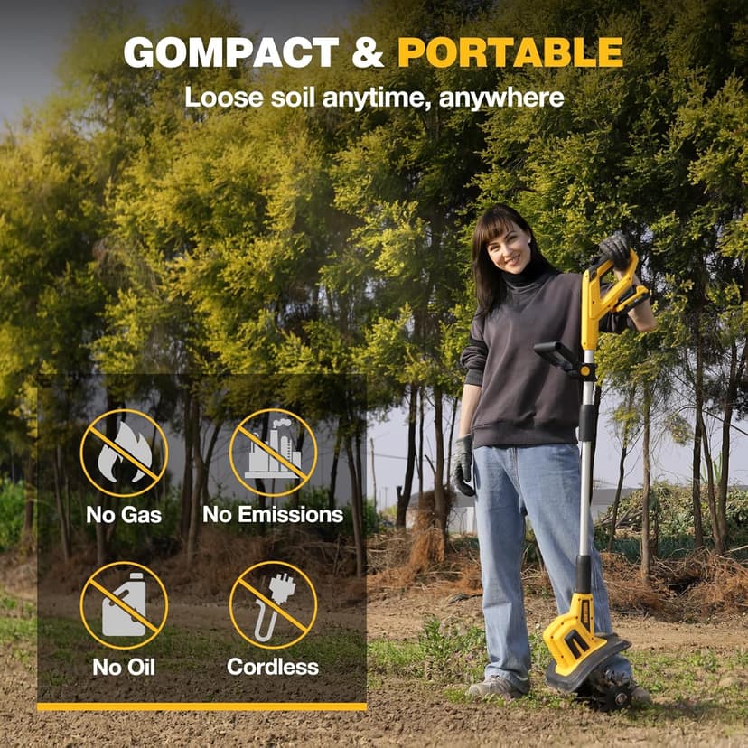 Alloyman 20V Cordless Tiller Cultivator, 360RPM Electric Garden Tiller, with 2 * 2.0Ah Batteries & Charger, 9In Tilling Width and 6.6In Depth Garden Rototiller for Lawn/Gardening/Soil Cultivation