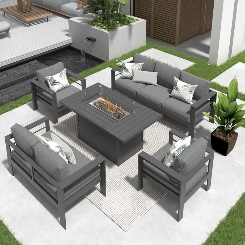 Solaste Aluminum Patio Furniture Set with Fire Pit Table, 7 Seats Metal Outdoor Furniture with Water-Resistant Cushions, Modern Patio Conversation Set for Balcony, Front Porch, and Backyard, Grey