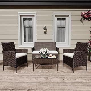 4 Pieces Outdoor Patio Furniture Sets, PE Rattan Wicker Chair Sofa Set with Tempered Glass Table & High-Density Cushions, Waterproof Balcony Garden Poolside Lounge Set, Black Rattan/Beige