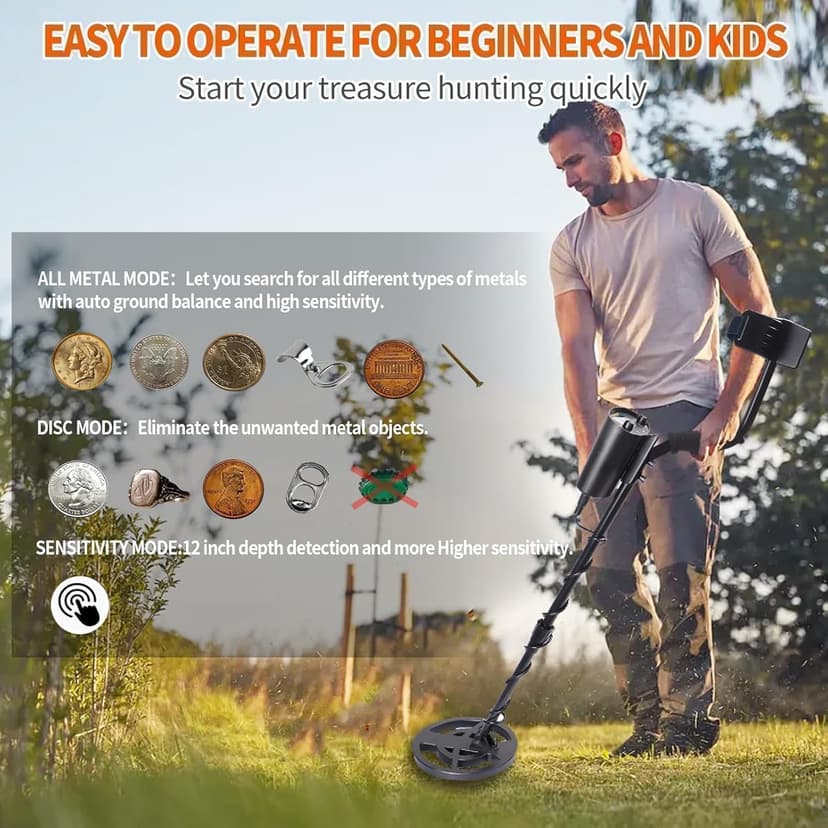 Metal Detector for Adults & Kids - Adjustable Stem, High Accuracy & 10" Waterproof Coil. Disc/All Metal Modes for Coin & Gold Detection by Beginners
