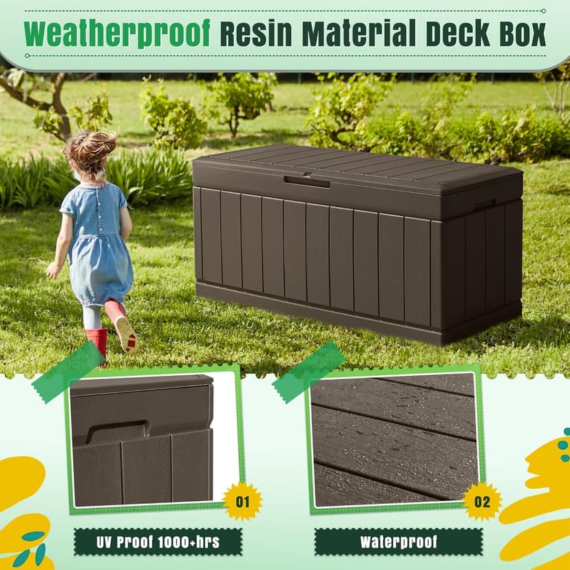 Greesum 82 Gallon Resin Deck Box Large Outdoor Storage for Patio Furniture, Garden Tools, Pool Supplies, Weatherproof and UV Resistant, Lockable, Dark Brown