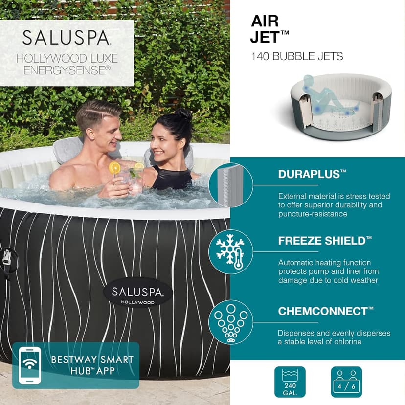 Bestway SaluSpa Hollywood EnergySense Luxe AirJet Round Inflatable 4 to 6 Adult Hot Tub with Heater, Filter, 2 Covers, and 140 AirJet System