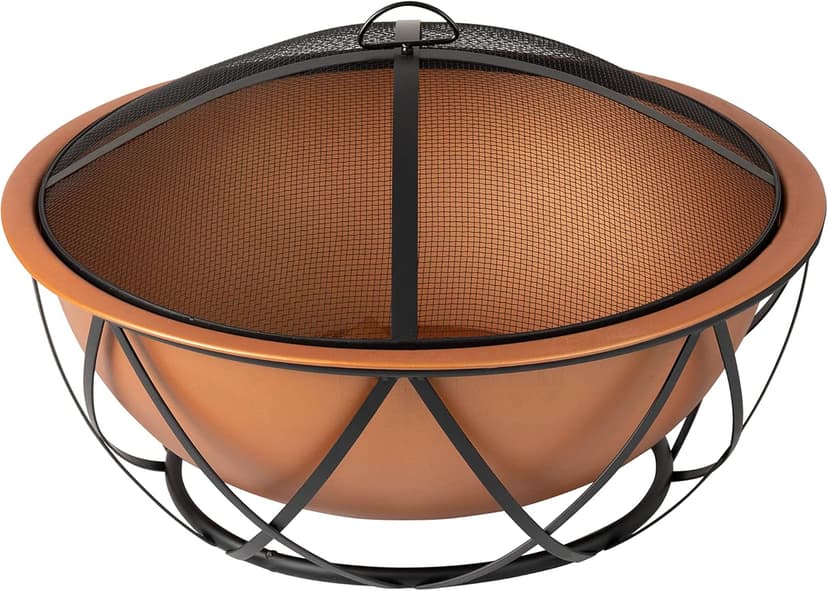 Fire Sense 62241 Fire Pit Barzelonia Copper-Look Wood Burning Lightweight Portable Outdoor Firepit Backyard Fireplace Camping Bonfire Included Screen Lift Tool & Cooking Grate - Round - 26"