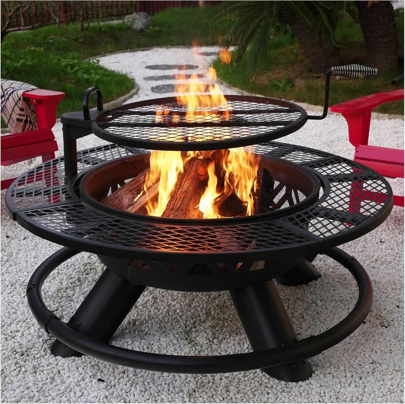 Red Mountain Valley 47" Outdoor Fire Pit with Adjustable Grill, 2-in-1 Large Wood Burning Round Fire Pits, Metal Outdoor Fireplaces, Round Metal Table for Patio, Backyard, Black