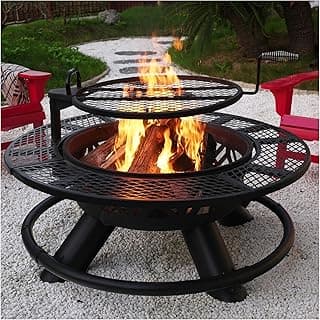 Red Mountain Valley 47" Outdoor Fire Pit with Adjustable Grill, 2-in-1 Large Wood Burning Round Fire Pits, Metal Outdoor Fireplaces, Round Metal Table for Patio, Backyard, Black