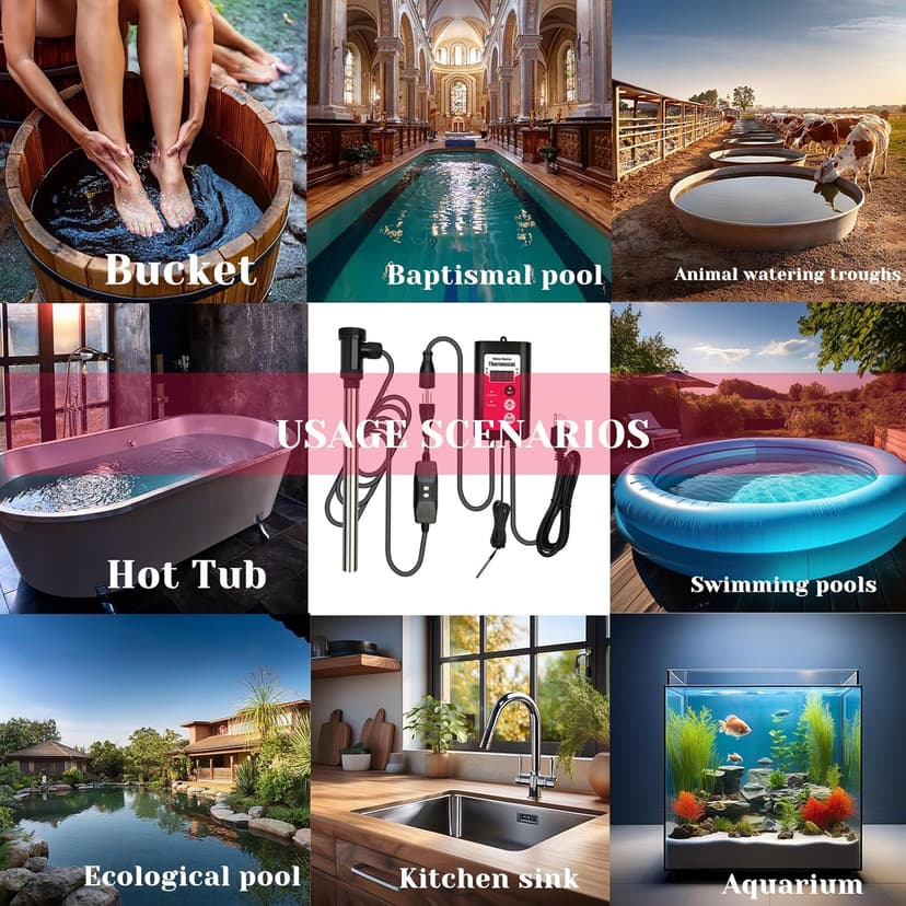 1800W Immersion Water Heater Portable Electric Hot Tub & Pool Fully Submersible Water Heater with Thermostat, GFCI Leakage Protection for Bathtub, Buckets, Swimming Pool, Baptistry, Pools