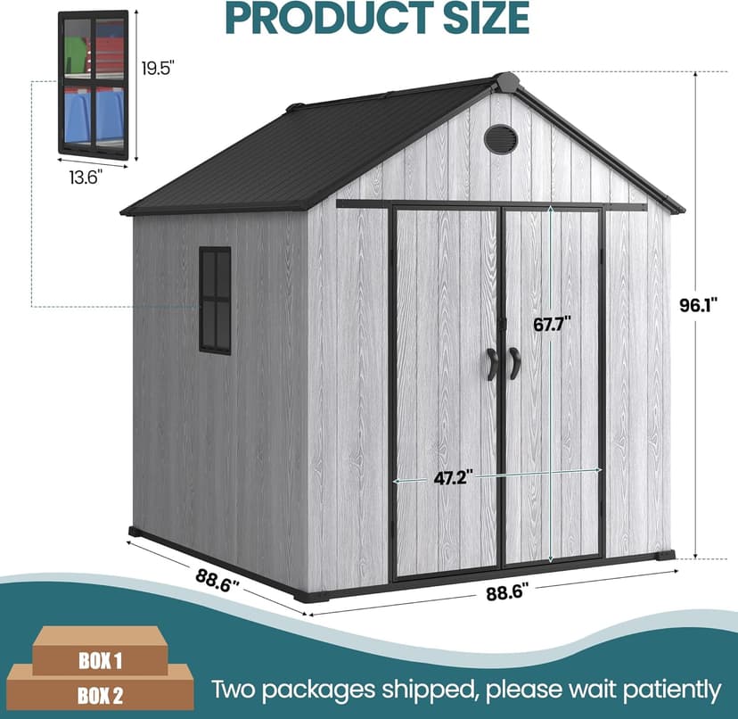 8 x 8 FT Resin Storage Shed Outdoor Storage Shed Storage Sheds Outdoor with Floor, Side Window, Plastic Shed with Lockable Door, Front Rear Vents for Backyard, Garden, Patio (8x8 FT)