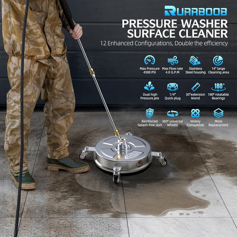 14" Pressure Washer Surface Cleaner 4500 PSI with 304 Industrial-Grade Stainless Steel Housing,1/4” Quick Plug, 4 Universal Wheels, 2 x 15 Extended Wands, 2 Replacement Nozzles, 4 Spray Nozzle Tips
