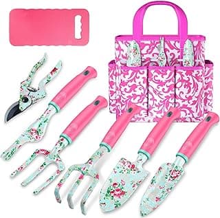 Gardening Tools, 8 Pcs Heavy Duty Floral Garden Tool Set Birthday Gifts for Women WANCHI Rose Red Gardening Kit (Garden Tool Bag Kneeling Pad Weeder Fork Hand Rake Pruning Shears Trowel Transplanter)