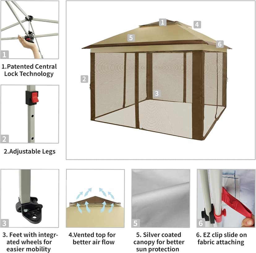 CROWN SHADES 11x11 Pop Up Gazebo, Patented One Push Outoor Canopy Tent with Wheeled STO-N-Go Cover Bag, Pop Up Canopy with Netting for Patio, Backyard (11x11, Beige & Coffee)