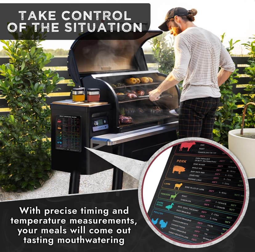 Meat Temperature Magnet & BBQ Smoker Guide - Pellet Grill Accessories - Wood, Time, & Temp - Grilling Gifts for Men