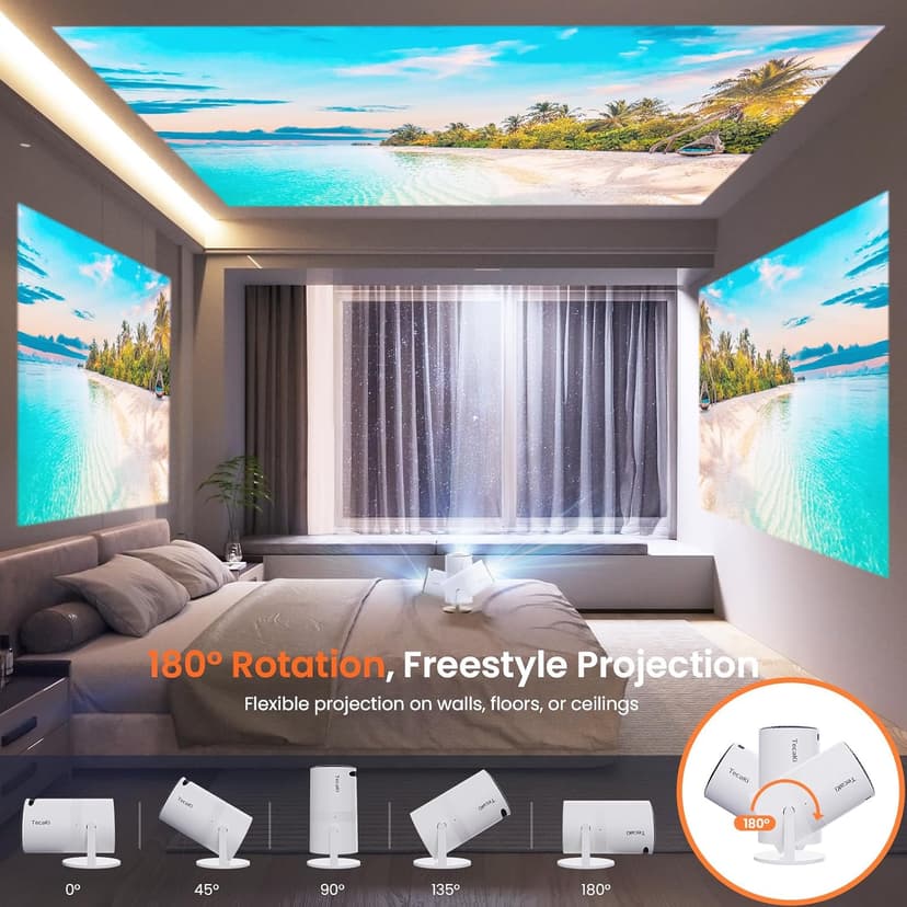 [Two-Way Bluetooth 5.2] Mini Portable Projector 4K 1080P Supported Projection, Tecaki Smart Projector with 180°Rotatable Stand Auto Keystone Correction Long Lens Life for Home Theater, Outdoor Movie