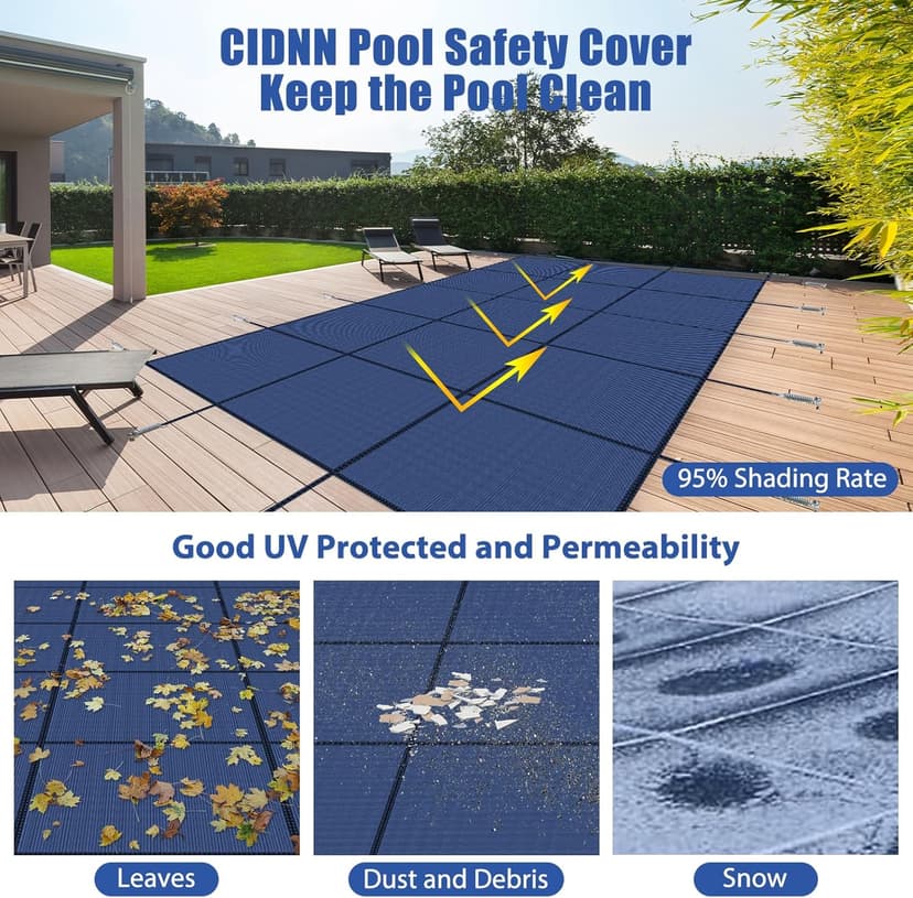 Inground Pool Cover Safety Fits Rectangle Swimming Pool, Mesh Solid Pool Cover for Inground Pools,Winter Pool Safety Cover Includes Safety Net and Installation Tools Blue (Blue, Fits 18x36ft Pools)