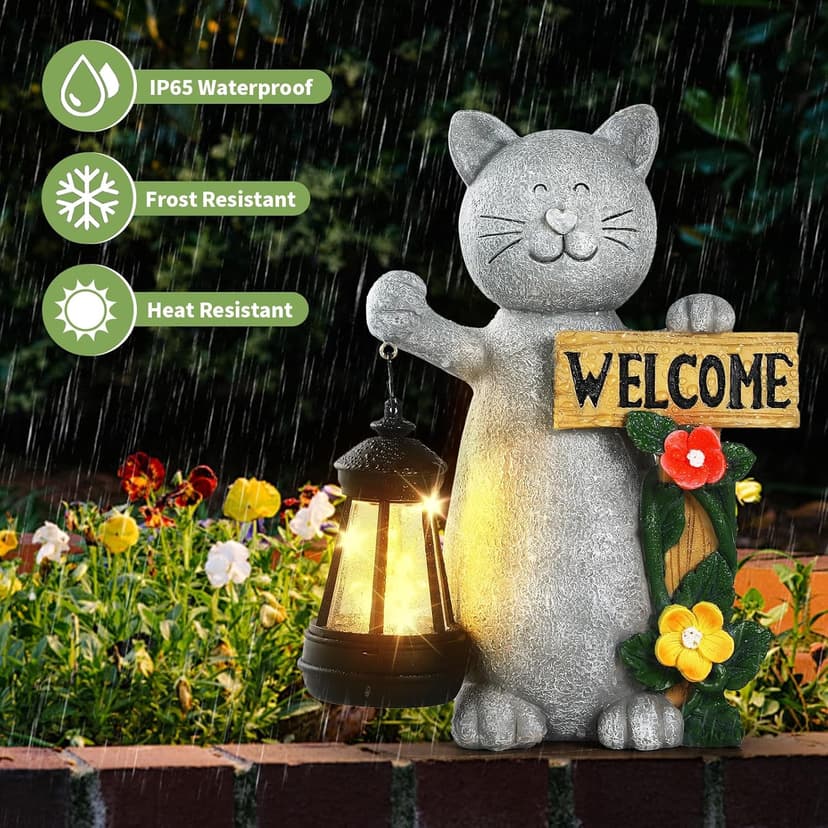 Solar Cat Statue Outdoor Decor-9.4" Welcome Garden Sculpture with Solar Lantern &3D Flowers,Weatherproof Resin Yard Art for Patio, Lawn,Yard Outside,Birthday Gifts for Mom,Grandma,Cat Lovers