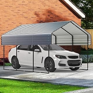 10'x15' Heavy Duty Metal Carport, Outdoor Garage Car Shelter Shade with Heavier Metal Frame, Galvanized Metal Roof for Car and Boats, Grey
