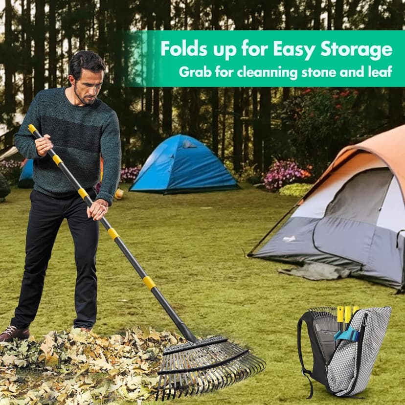 Rake - 65 Inch Long Garden Leaf Rake, 18 Inch Wide Heavy Duty Leaf Rakes for Shrub with 25 Metal Tines,Yard Thatching Rakes with Ergonomics Adjustable Handle for Picking Leaves,Grass Clippings Garbage