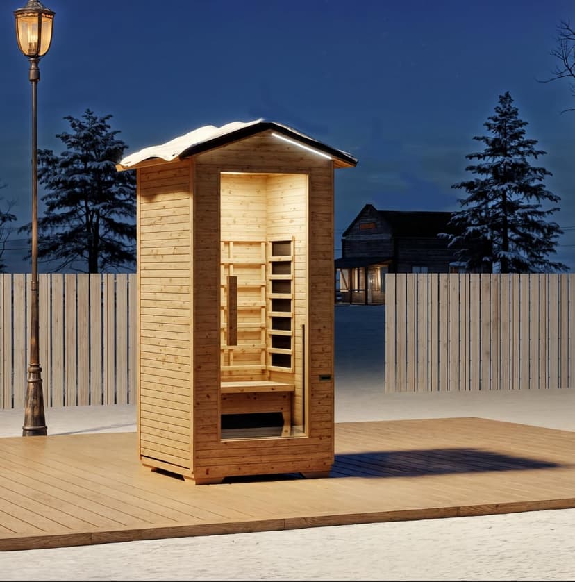 1 Person Outdoor Infrared Sauna - 3D Fast Heating Home Spa Sauna w/Chromotherapy Light, Wooden Sauna Room Kit w/Bluetooth Speaker (CE Certified,110V)