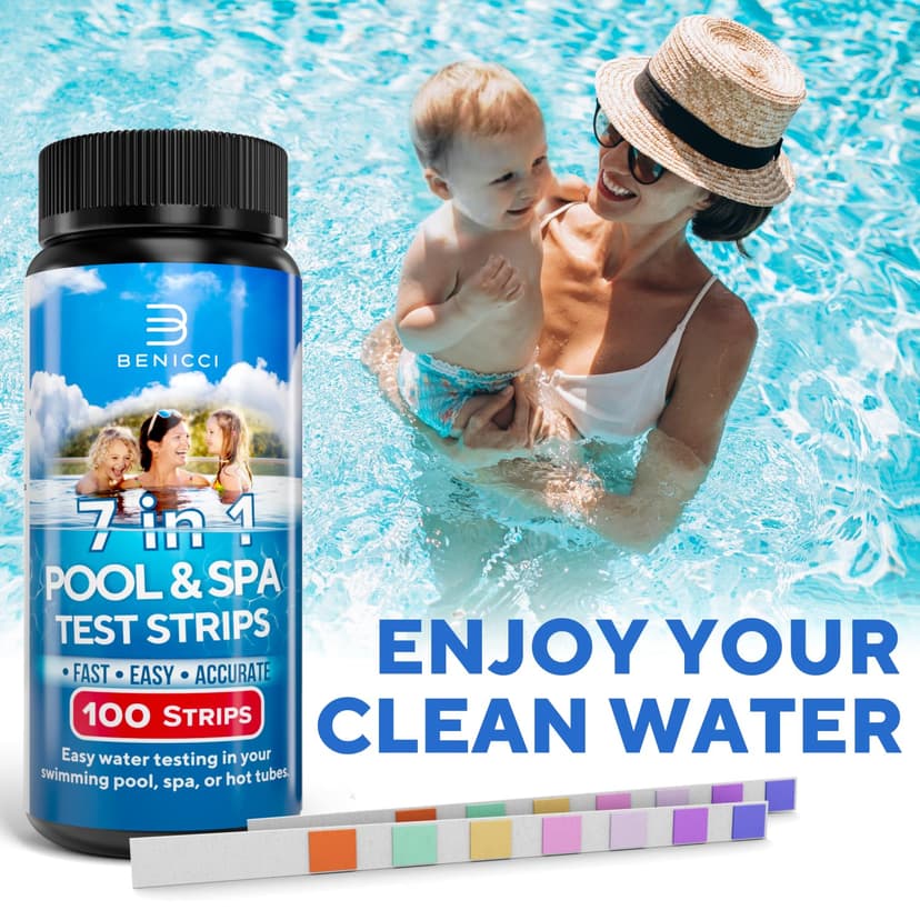 7-in-1 Accurate Pool Test Strips - 100 Hot Tub Spa Test Strips - Quick Pool Water Testing Kit - Bromine, pH, Hardness, Alkalinity, Chlorine & Cyanuric Acid - Perfect for Any Pools, Spa, Hot tubs