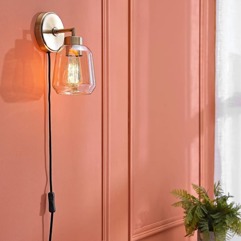 GLOBE Electric 51715 1-Light Plug-in or Hardwire Wall Sconce, Matte Brass, Smoked Amber Glass Shade, Black Fabric Cord, in-Line On/Off Switch, Bedroom, Living Room, Mounted Bedside Lamp