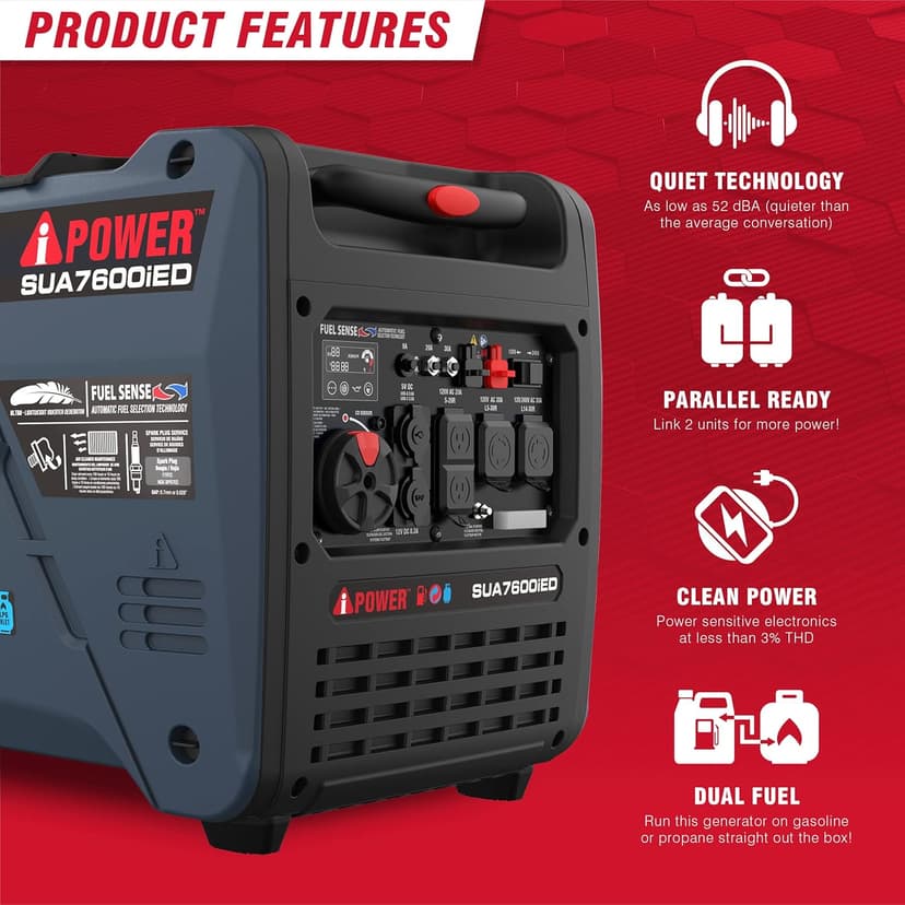A-iPower 7600W Dual Fuel Portable Inverter Generator, Electric Start RV Ready, EPA & CARB Compliant CO Sensor, With Telescopic Handle For Backup Home Use, Tailgating & Camping (SUA7600iED)