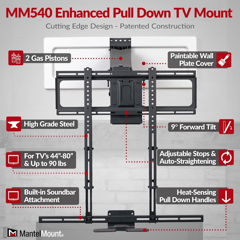 MantelMount MM540 - Above Fireplace Pull Down TV Mount for 40" to 80" Screen TVs to 90 lbs, with Patented auto-straightening, Adjustable Stops, Heat Sensor Handles & Paintable Covers