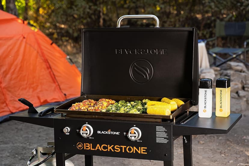 BLACKSTONE 1883 Original 28” Griddle with Integrated Protective Hood and Counter Height Side Shelves, Powder Coated Steel, Black