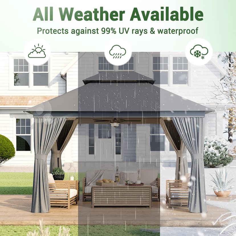 oneinmil 12' x 10' Hardtop Gazebo with Netting and Curtains, Outdoor Gazebo with Aluminum Frame, Heavy Duty Polyester Fabric Double Roof Canopy Party Tent for Patio, Backyard, Lawn, Gray