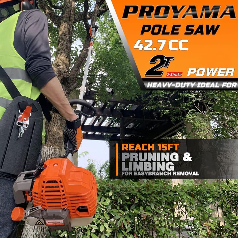 PROYAMA 90-180 Degree 42.7cc Head Adjustable Pole Chainsaw for Tree Trimming with 12 inch OREGON Cutting Bar & OREGON Chain 38-inch Extension for a 15ft Reach Gas Cordless Pole Saw