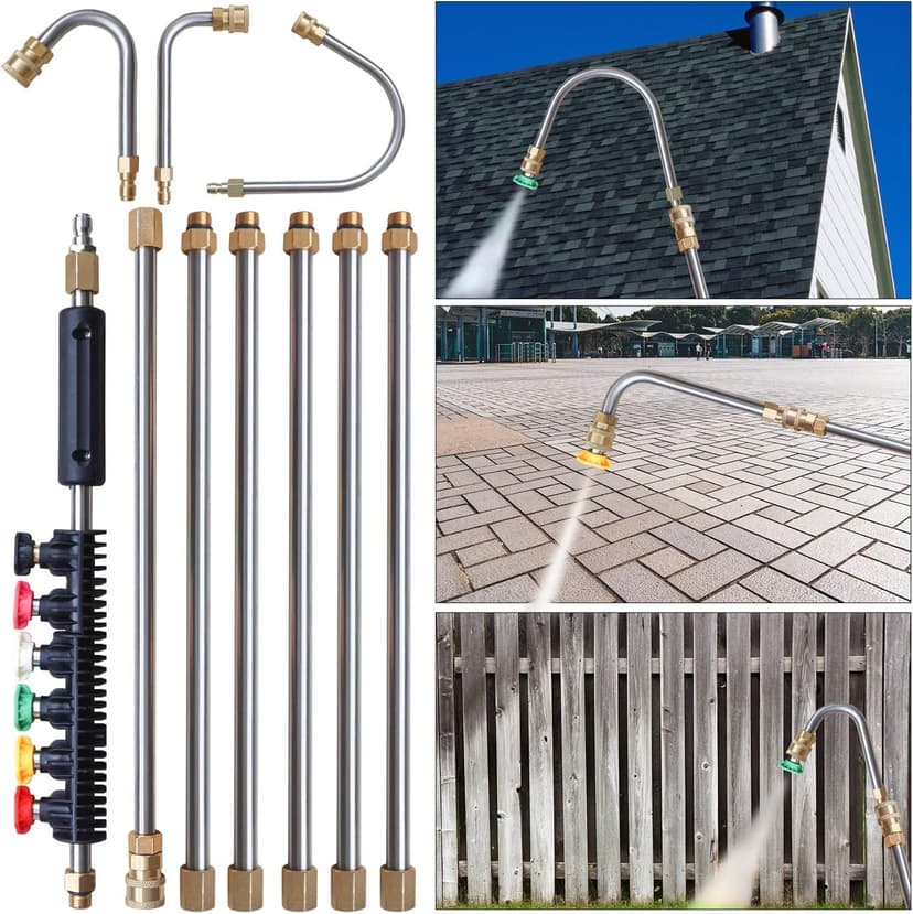 Xiny Tool Pressure Washer Extension Wand, 10 Pack Power Washer Lance with 5 Atomization Nozzle Tips,1 Gutter Cleaner Attachment Curved Rod, 1/4" Quick Connect, 4000 PSI