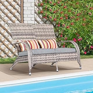 Outdoor Patio Wicker Loveseat Bench Outside Small Loveseat Sofa Couch Double Adirondack Chairs Rattan Fire Pit Chairs Comfy Patio Chair Low Deep Seating High Back with Cushion for Balcony Deck Grey