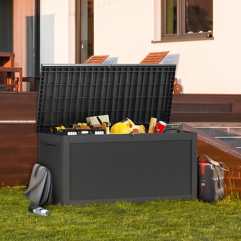 260 Gallon Lockable Resin Deck Box, Waterproof Outdoor Storage Box for Patio Furniture, Garden Tools, Pool Accessories, UV-Resistant Outside Delivery Black