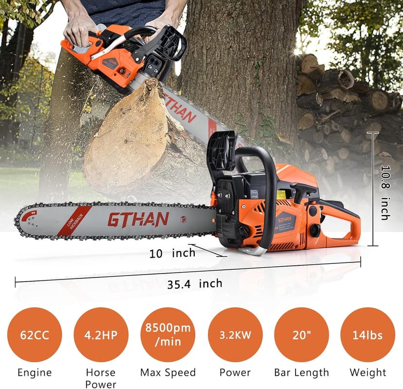 Gas Chainsaw 62cc 20 Inch Chain Saw 2-Stroke Chainsaw Gas Powered 4.2hp Handheld Cordless Petrol Gas Chain Saws for Trees Wood Farm Garden Ranch Forest Cutting