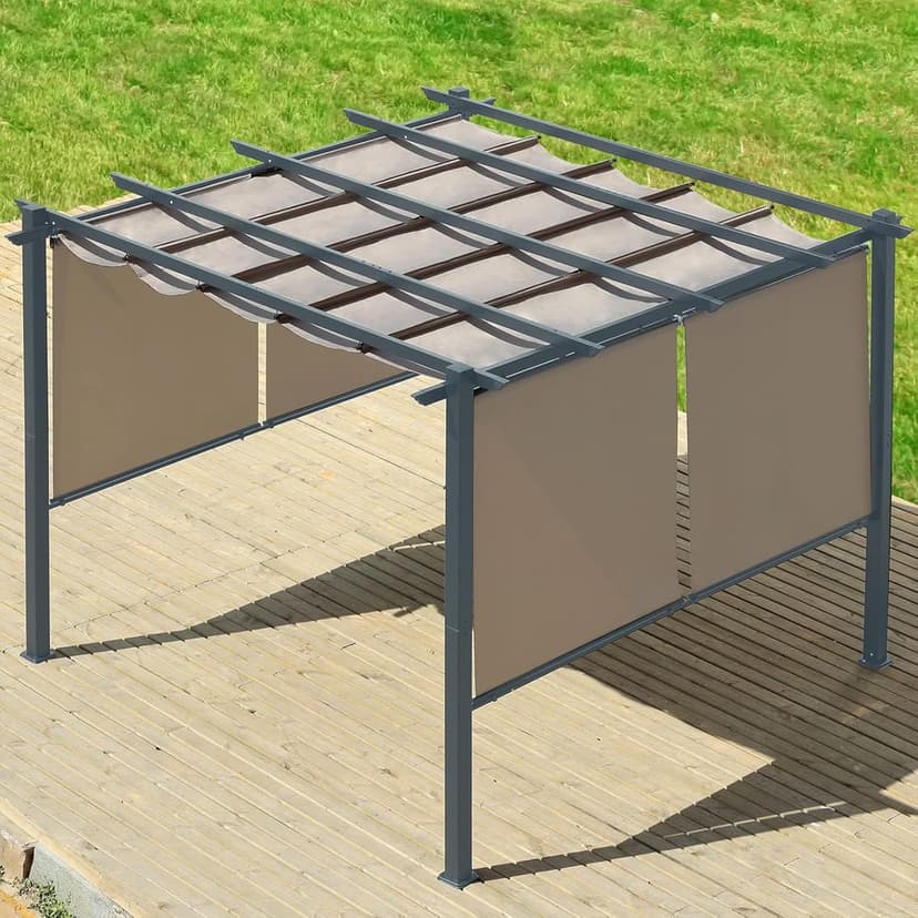Aoodor 10 x 10 ft Outdoor Pergola with Retractable Shade Canopy, Matte Aluminum Frame, 4 Roller Shade Curtains, Grape Trellis for Patio, Backyard, Garden, and Deck, Dark Brown