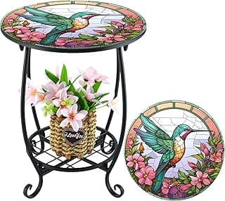 14" Outdoor Side Table Round Small Mosaic Patio Accent Indoor End Plant Metal Coffee Tea Table for Yard Porch Garden Patio Living Room, Bedroom(Hummingbird Style,14")